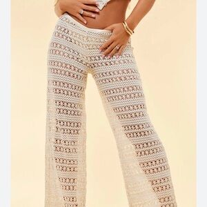 Pretty Little Thing Lace Beach Womens Cream Wide Leg Pants